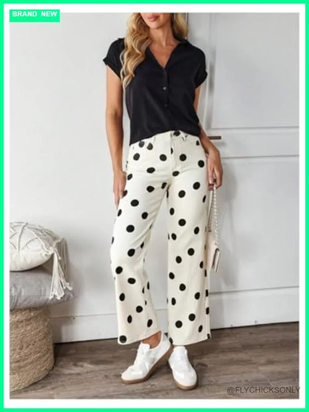 Women's Polka Dot Straight Leg Jeans - Stretchy Casual Denim